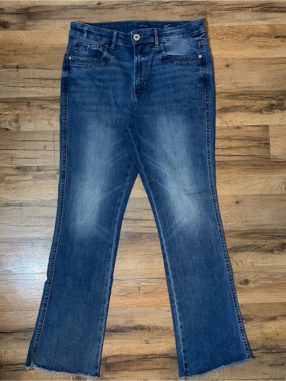 JJill Denim High Rise Bootcut Jeans Raw Hem Medium Wash Size 10 Petite Stretch